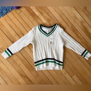 Janie and Jack White Cable Knit V-Neck Sweater with Green & Black Stripes